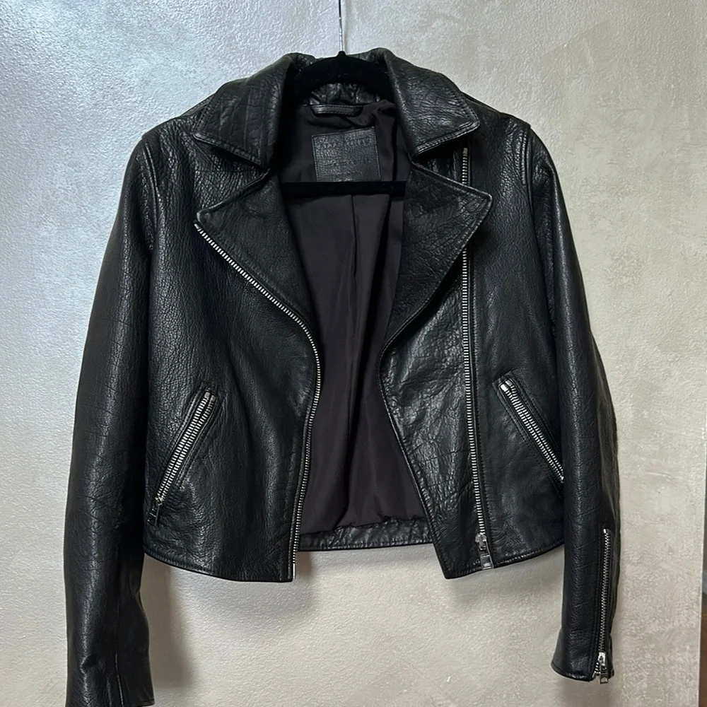 Allsaints Hadi Biker leather jacket sz 4 | black moto jacket EUC - Picture 1 of 16